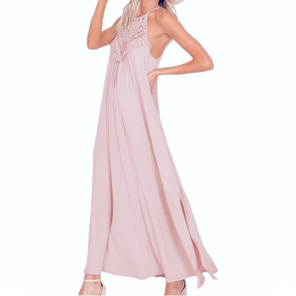 Elegant Pink Maxi Dress - Mauve Knit Top Maxi Dress With Slits - Size Large